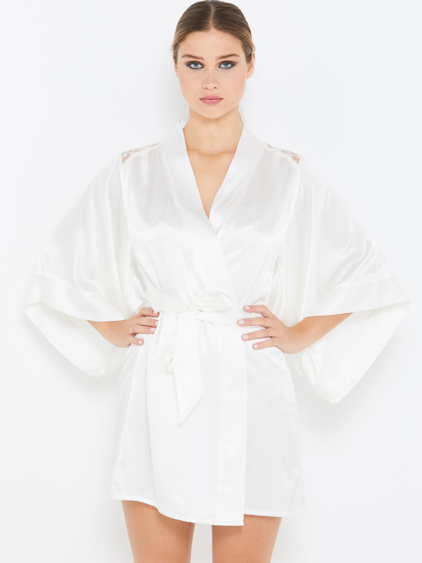Sophia ivory silk robe front view