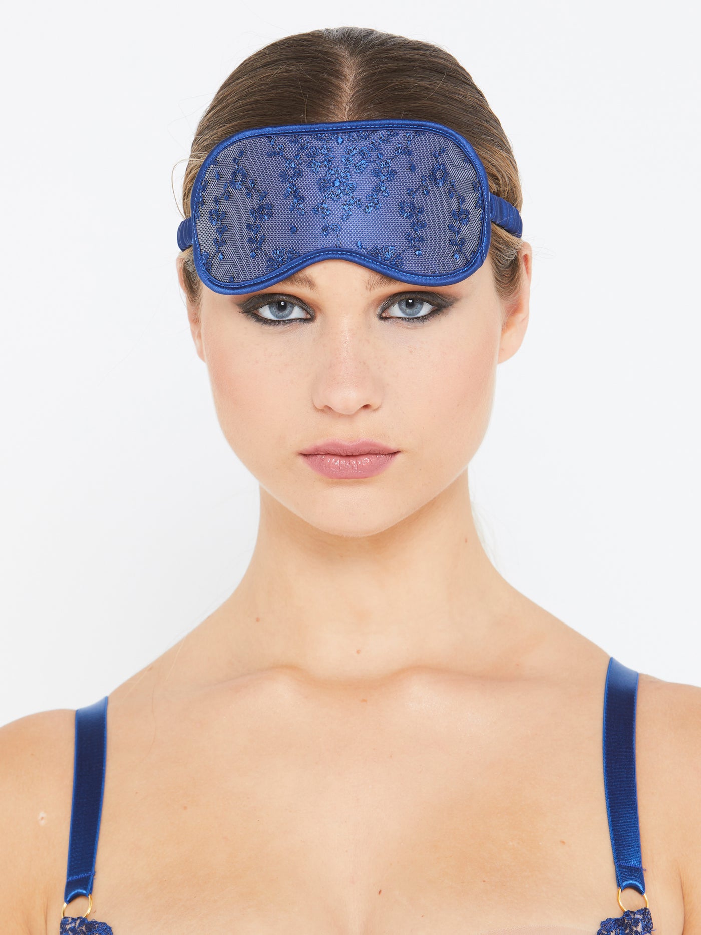 Abrielle blue embroidered silk eye mask raised