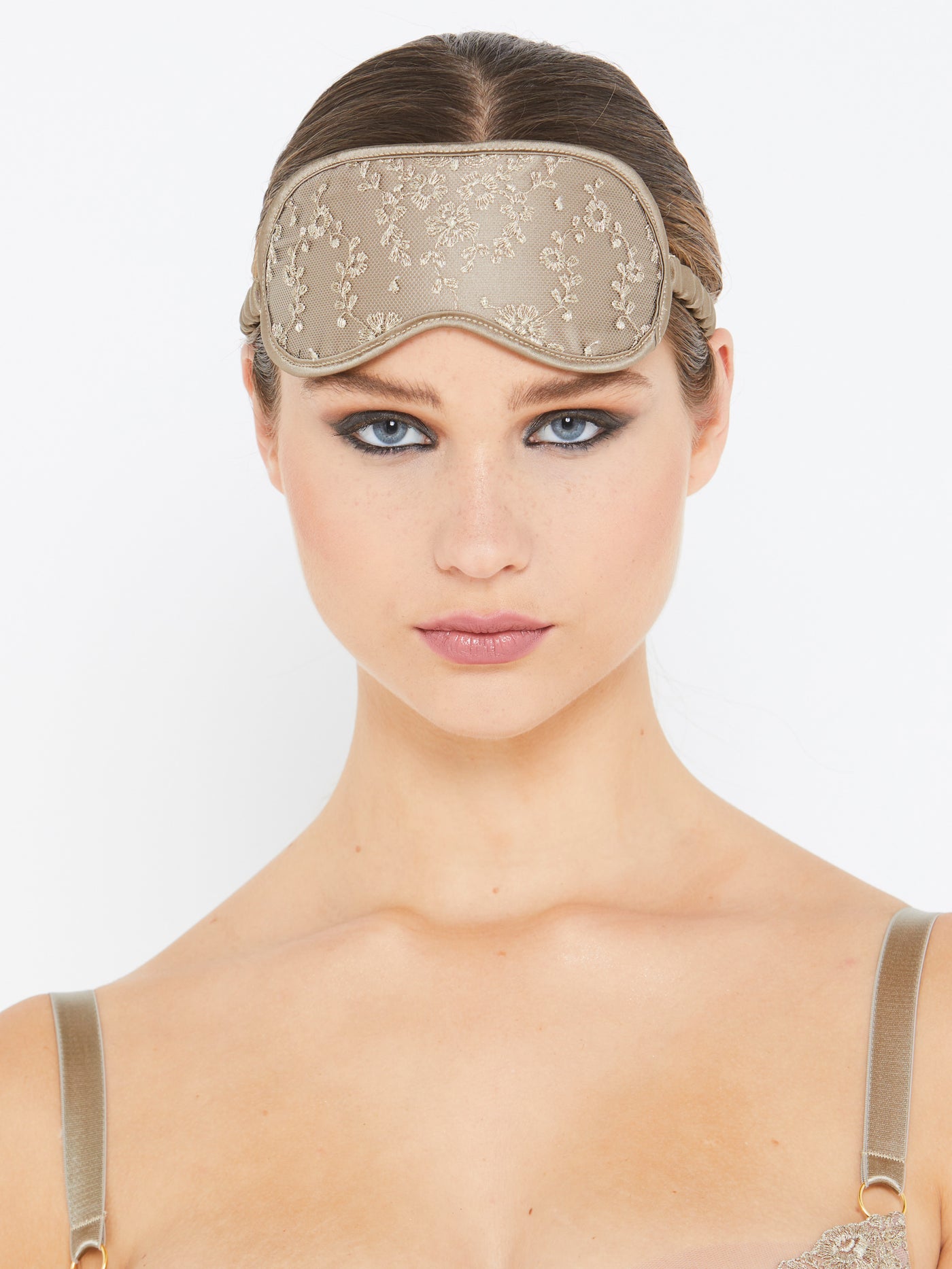Abrielle gold embroidered silk eye mask raised