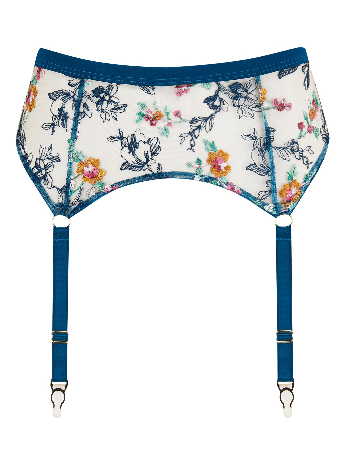 Evelyn cyan floral embroidered suspender belt