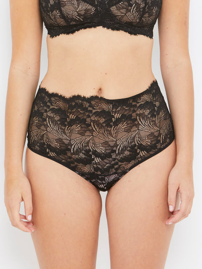 Olivia black stretch lace high waist knickers front view