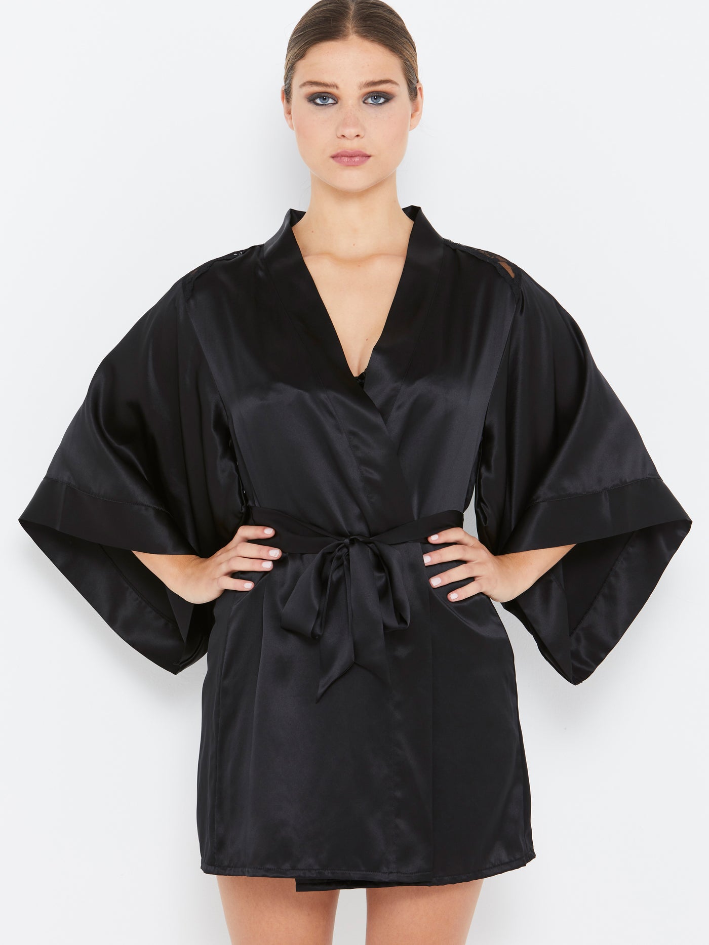 Sophia black silk robe front view