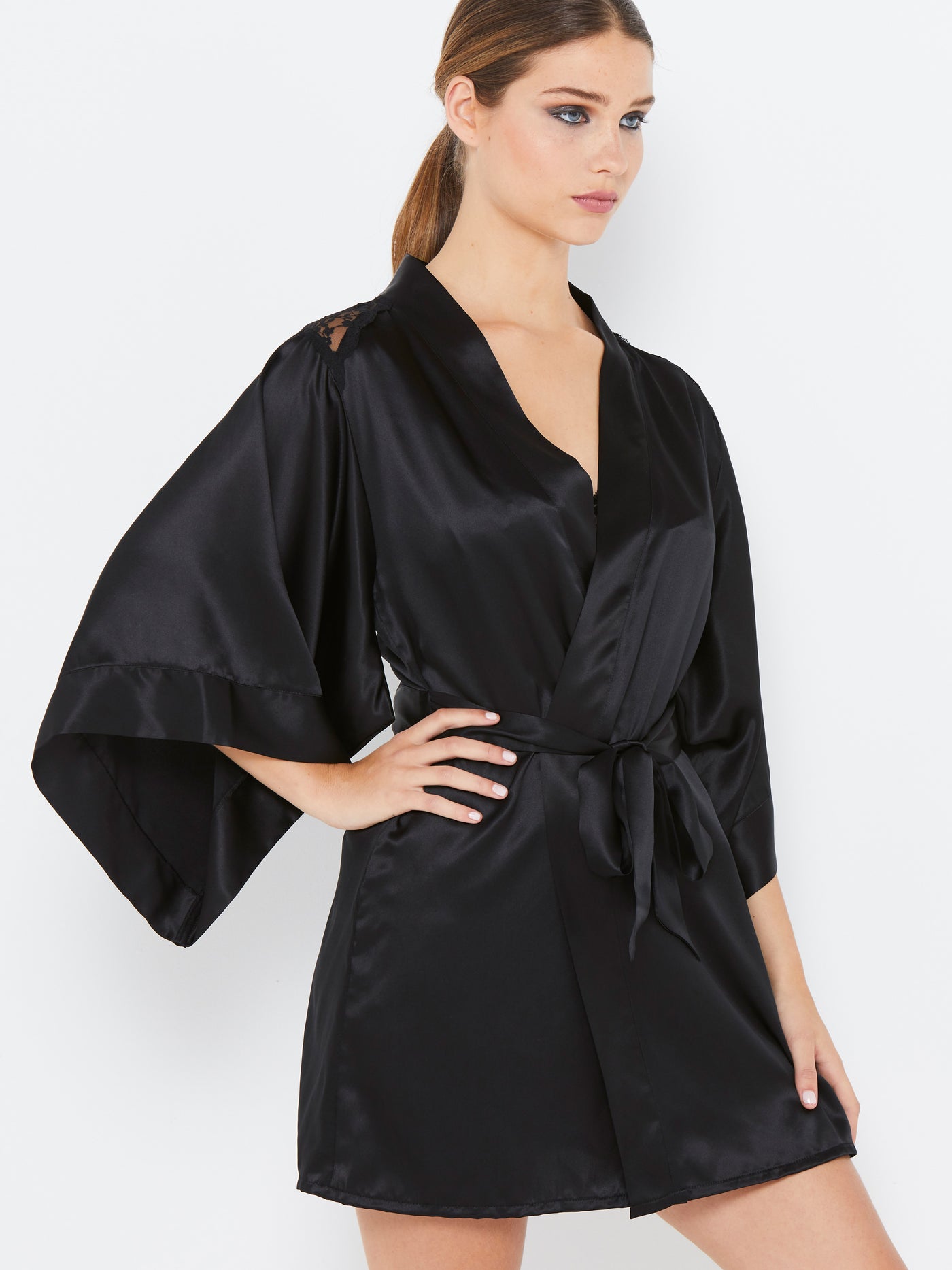 Sophia black silk robe side view