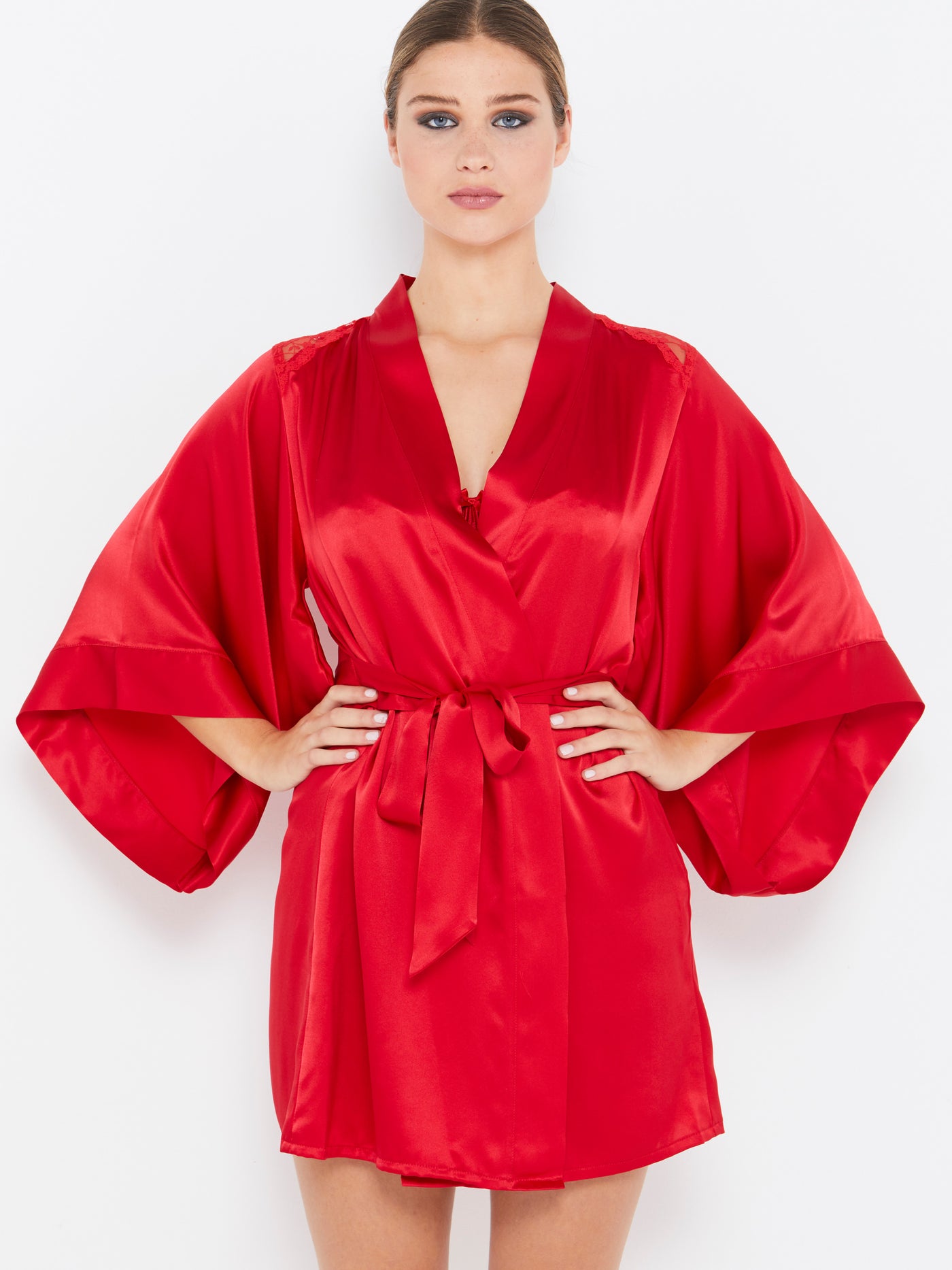 Sophia red silk robe front view