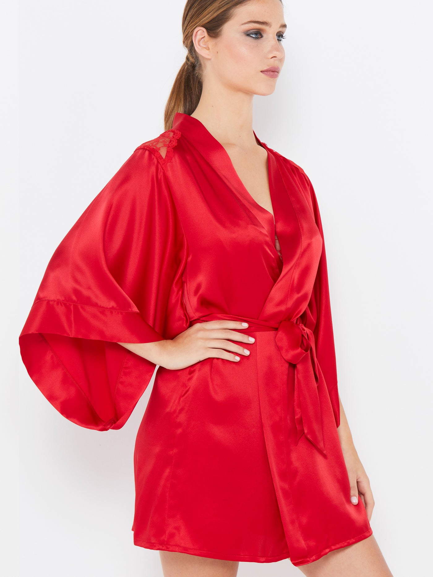 Sophia red silk robe side view